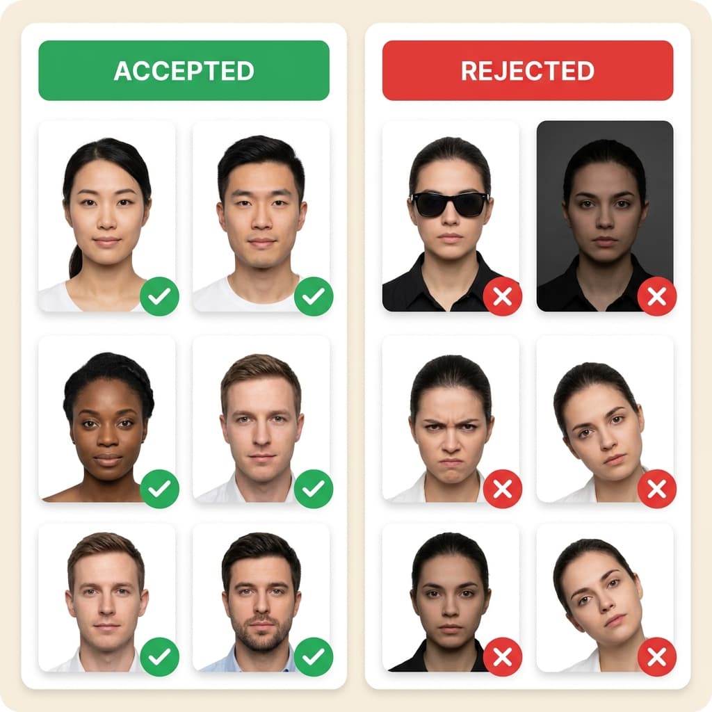 Examples of accepted and rejected visa photos showing common mistakes