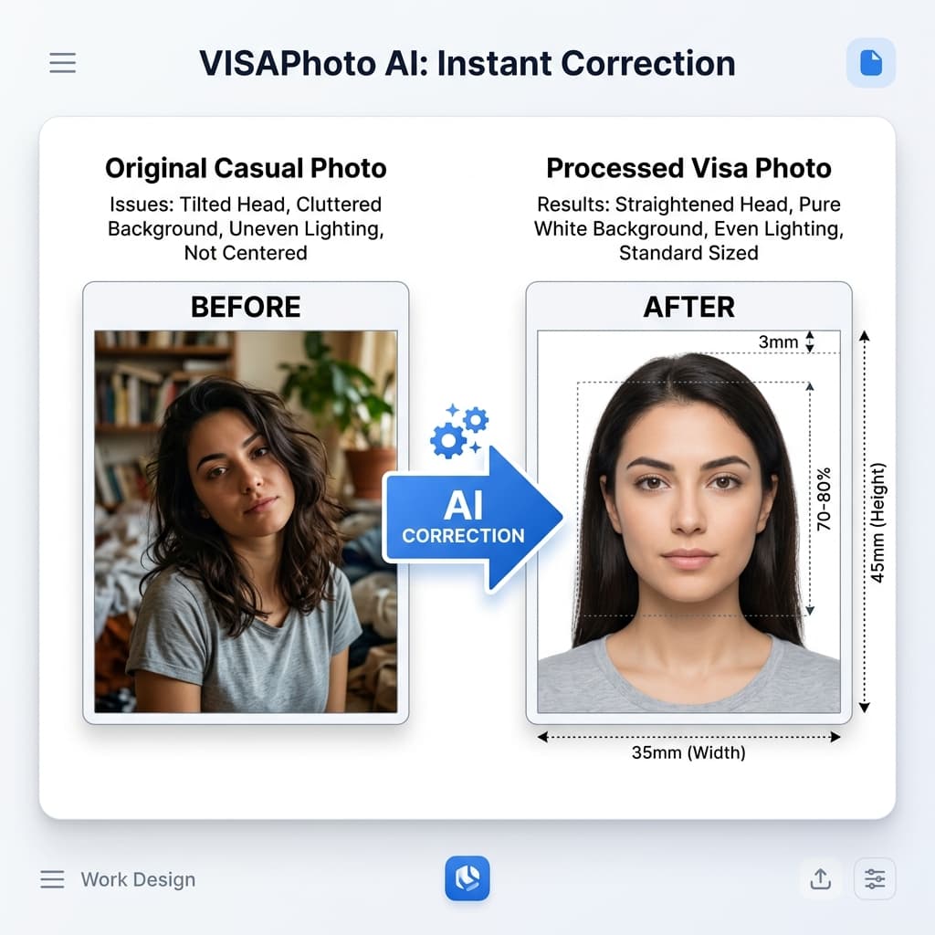 Before and after AI correction: casual photo transformed into compliant visa photo
