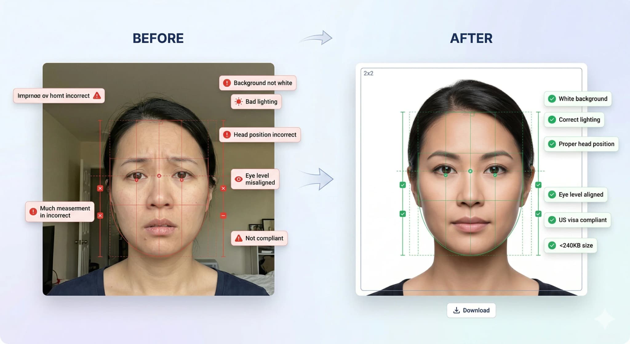 Before and after AI correction: casual photo transformed into compliant visa photo
