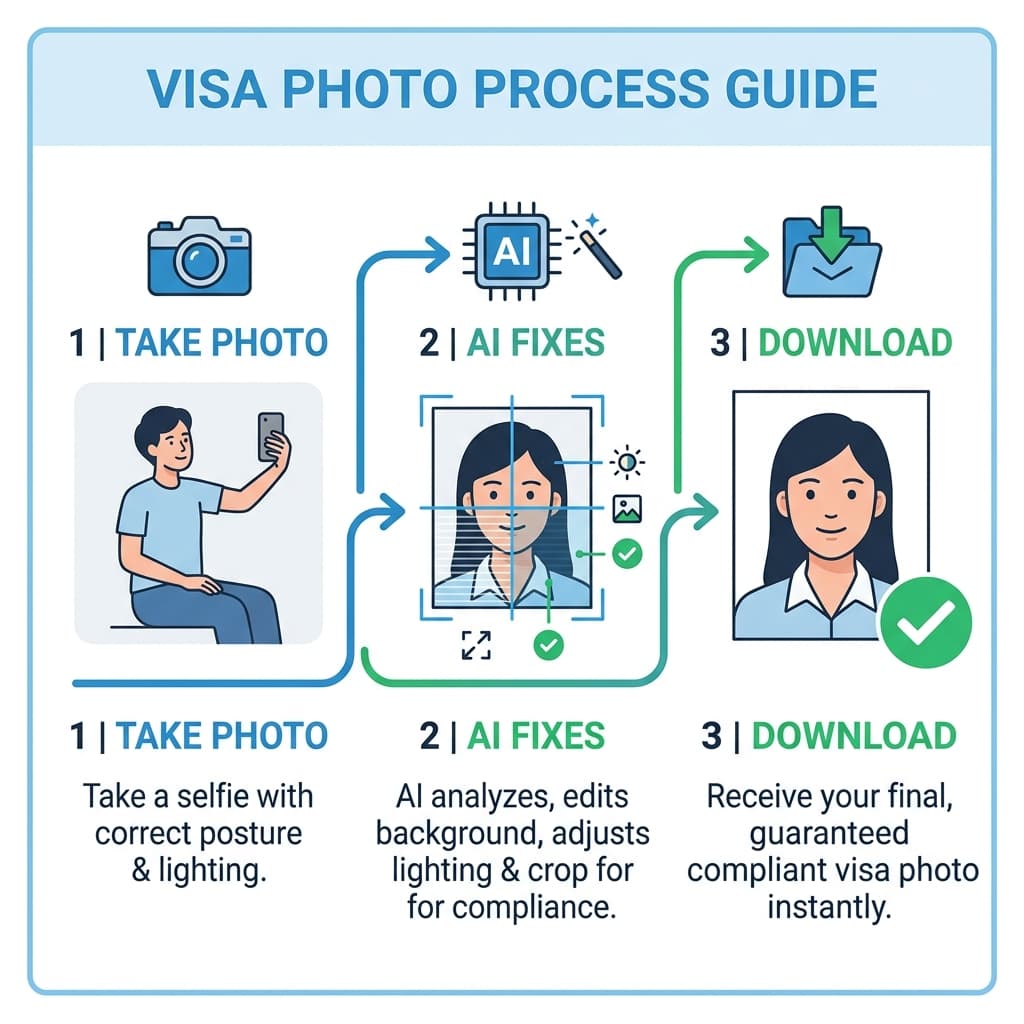 How PhotoResizer works: 1) Take Photo 2) AI Fixes 3) Download